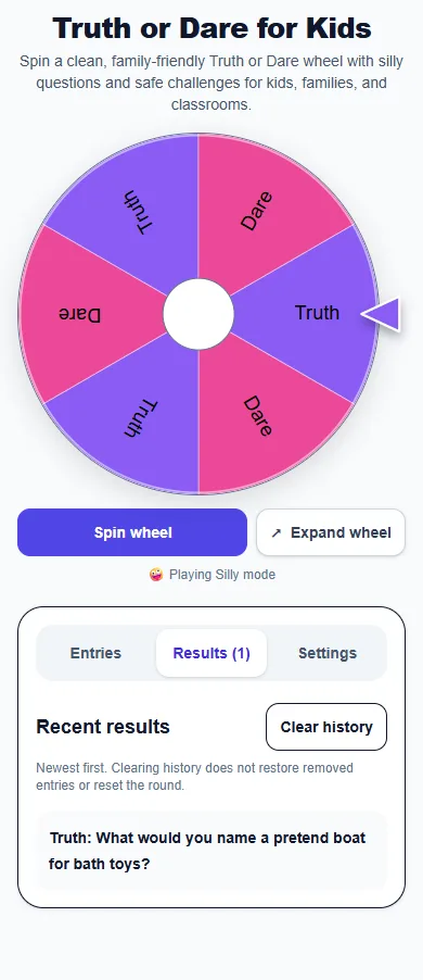 Truth or Dare for Kids: phone layout showing the Results panel