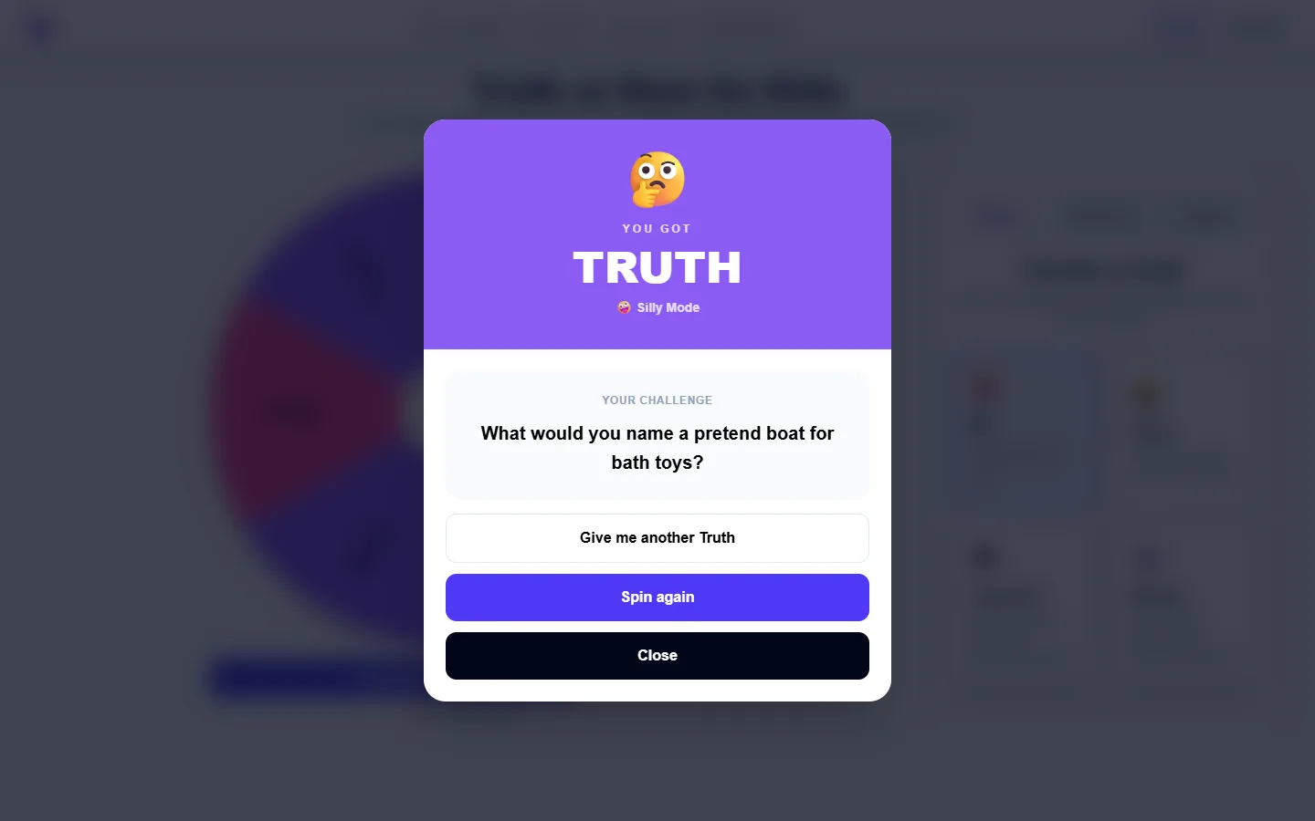 Truth or Dare for Kids: completed example and available controls
