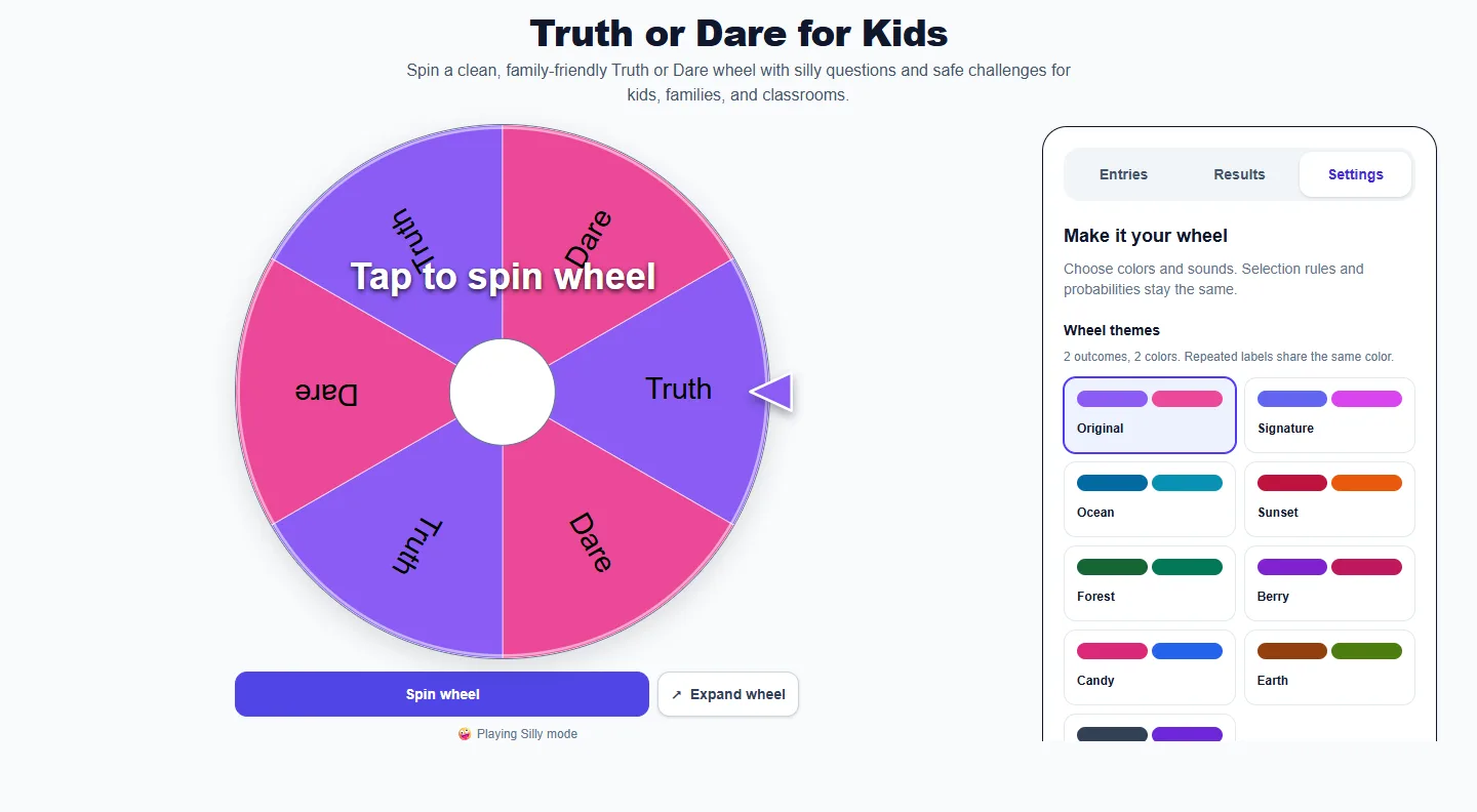 Truth or Dare for Kids: Settings panel with themes and sound controls