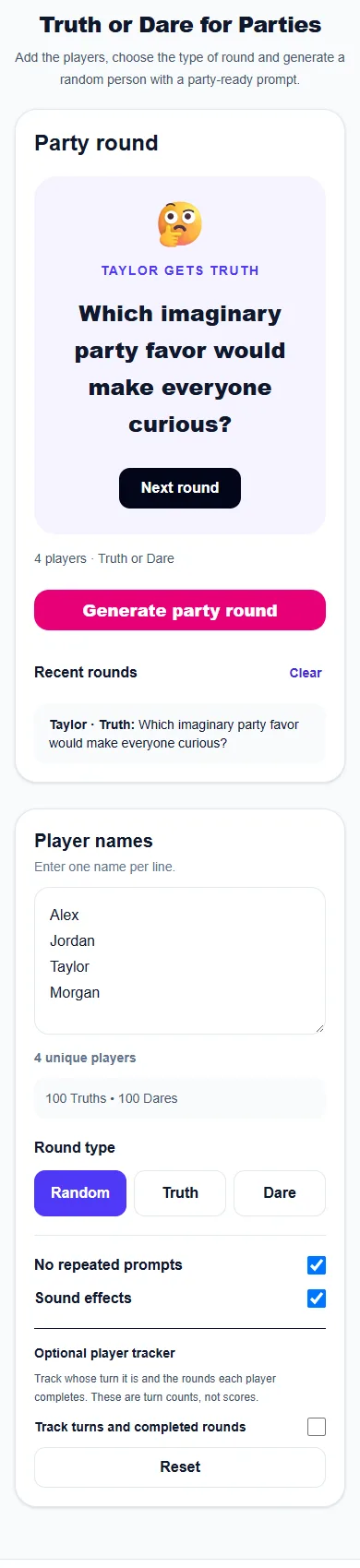 Truth or Dare for Parties: phone layout with a completed example