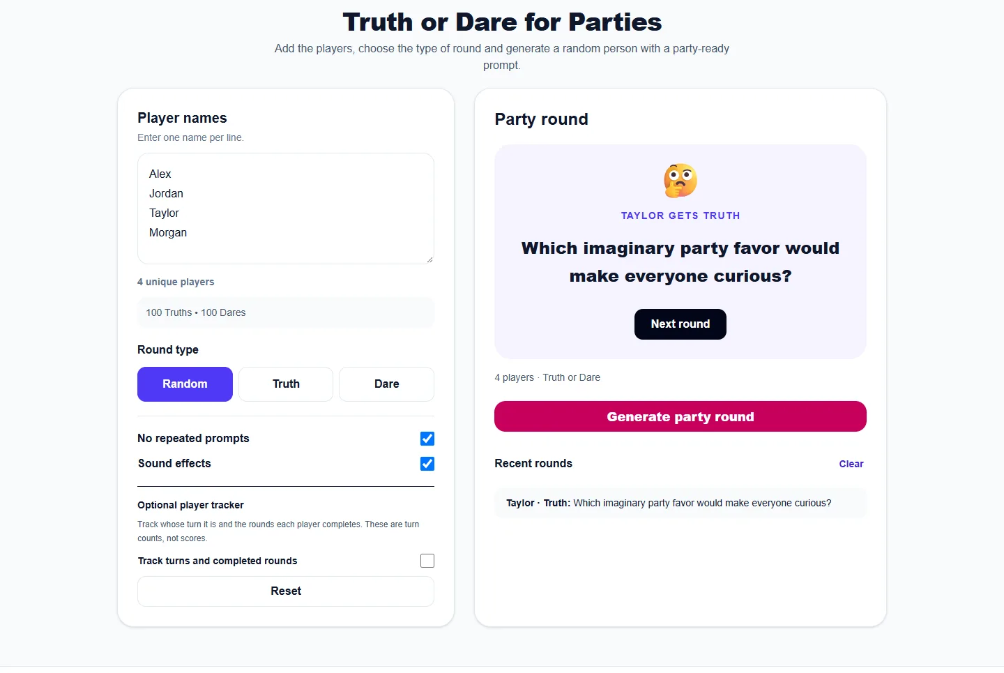 Truth or Dare for Parties: completed example and available controls