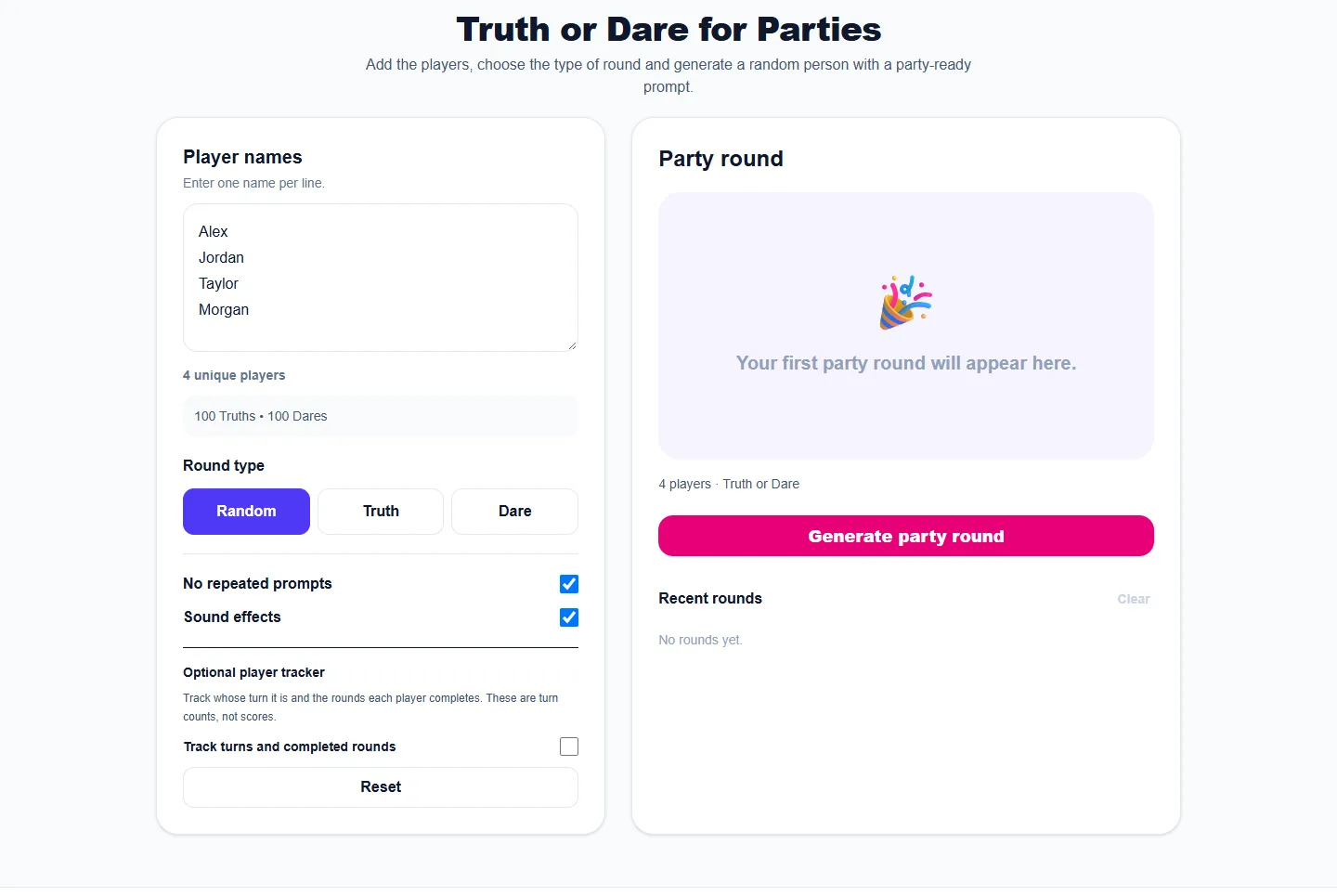 Truth or Dare for Parties: desktop setup and controls