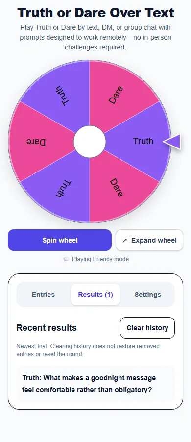Truth or Dare Over Text: phone layout showing the Results panel