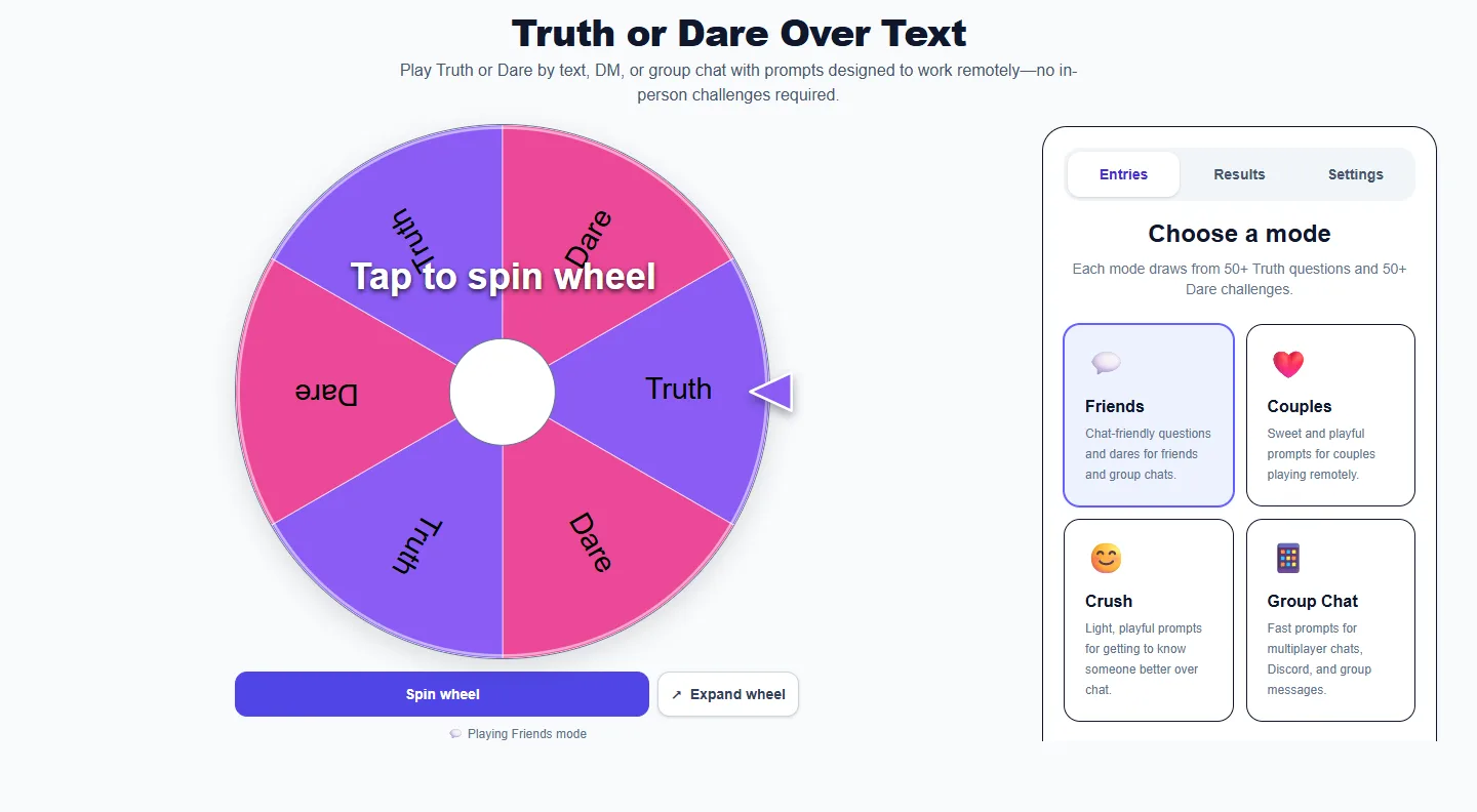 Truth or Dare Over Text: desktop setup and controls