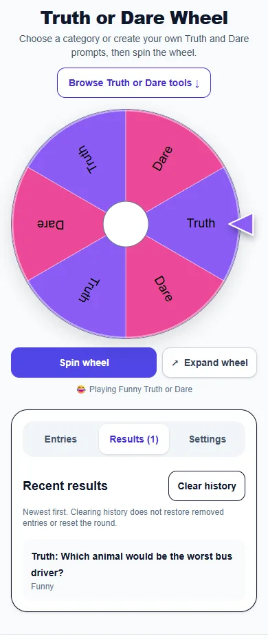 Truth or Dare Wheel: phone layout showing the Results panel