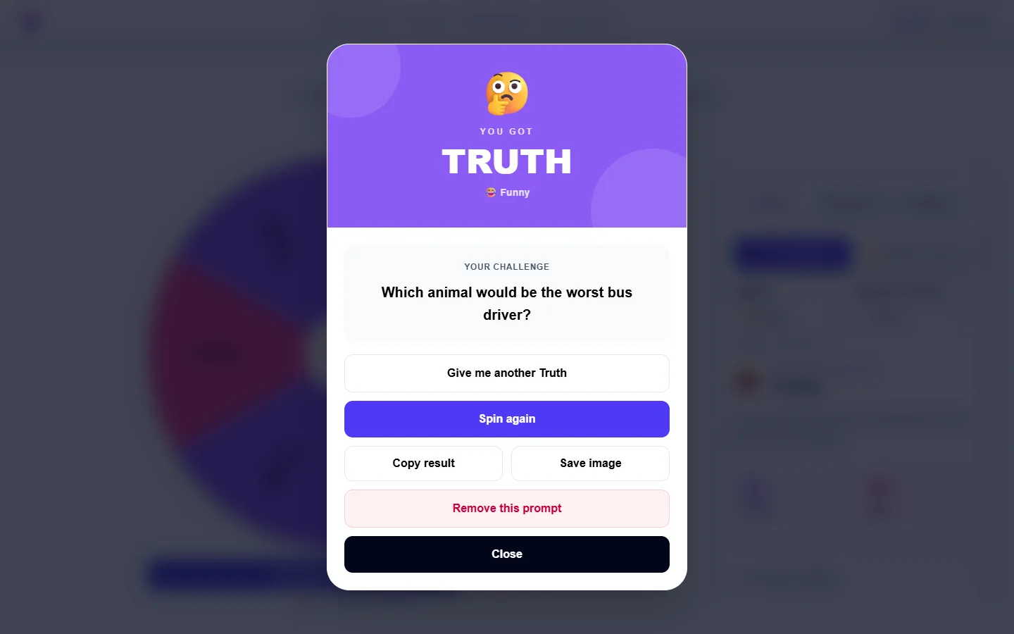Truth or Dare Wheel: completed example and available controls
