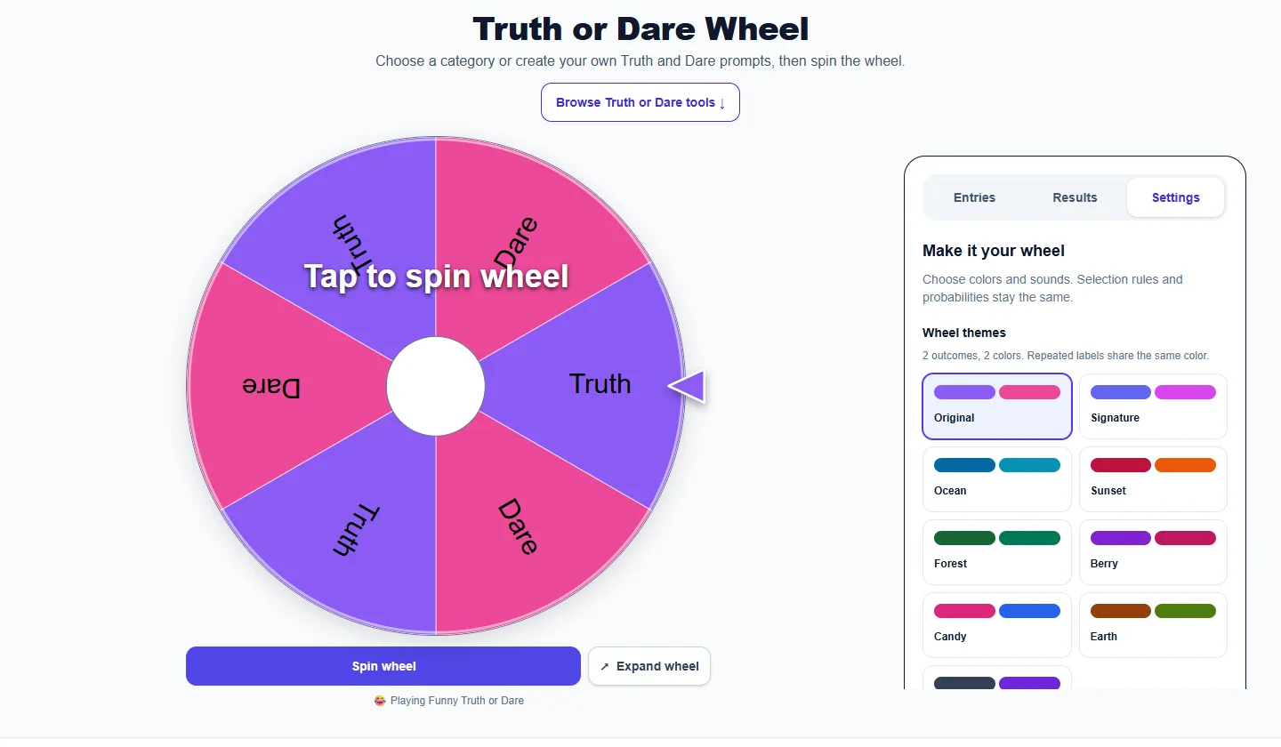 Truth or Dare Wheel: Settings panel with themes and sound controls
