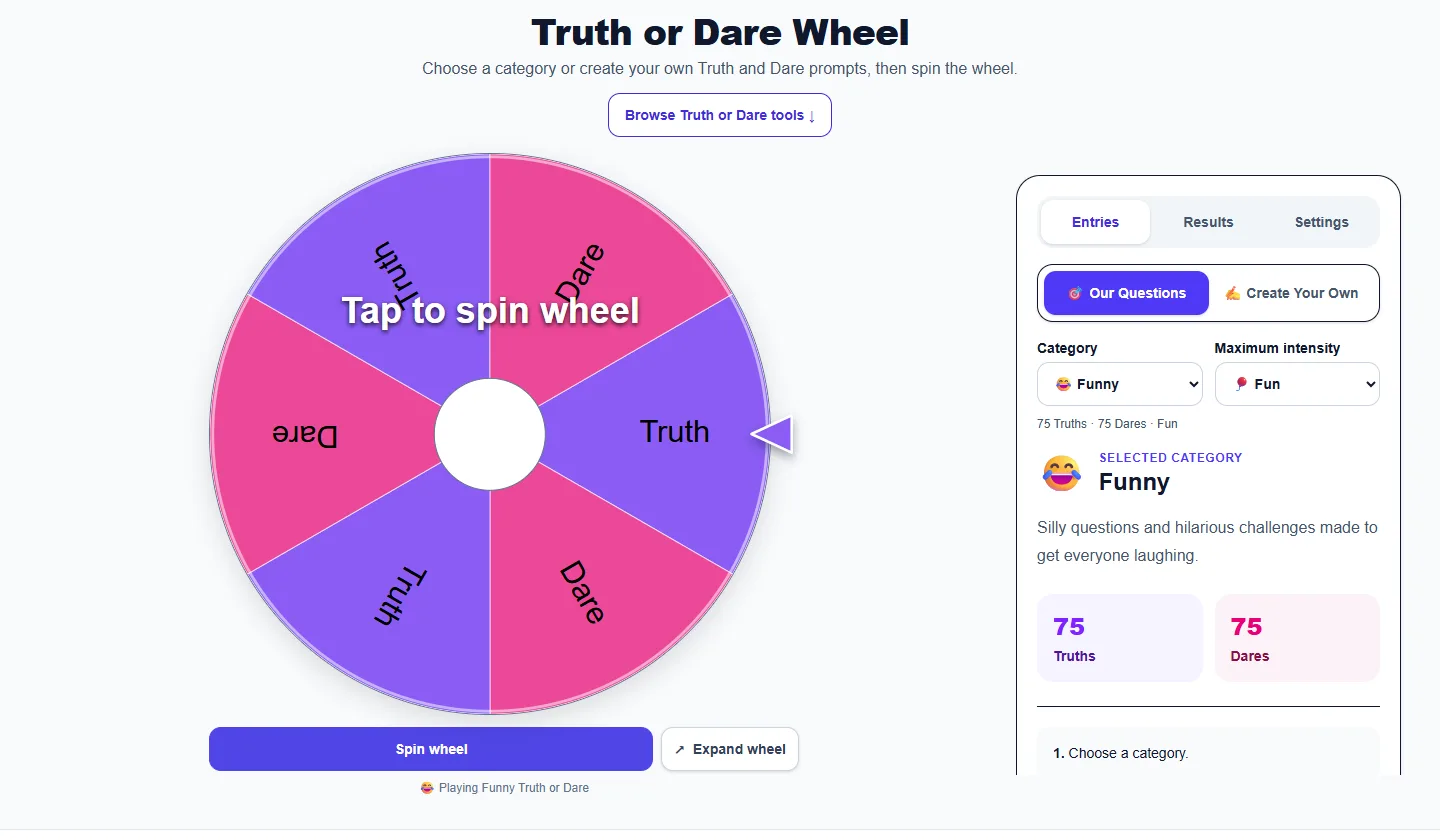 Truth or Dare Wheel: desktop setup and controls