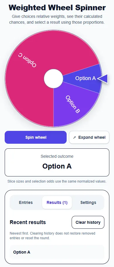 Weighted Wheel Spinner: phone layout showing the Results panel