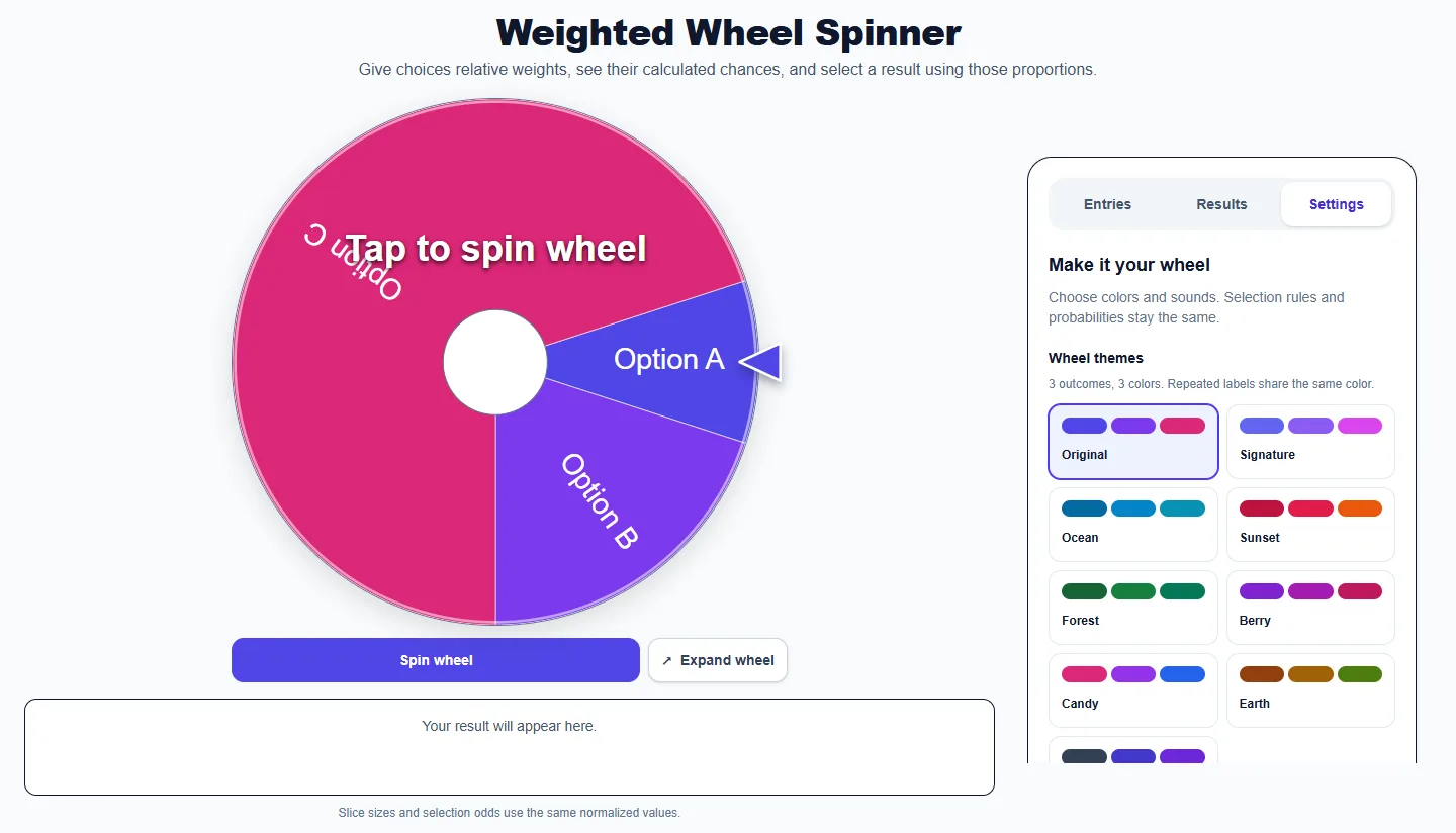Weighted Wheel Spinner: Settings panel with themes and sound controls