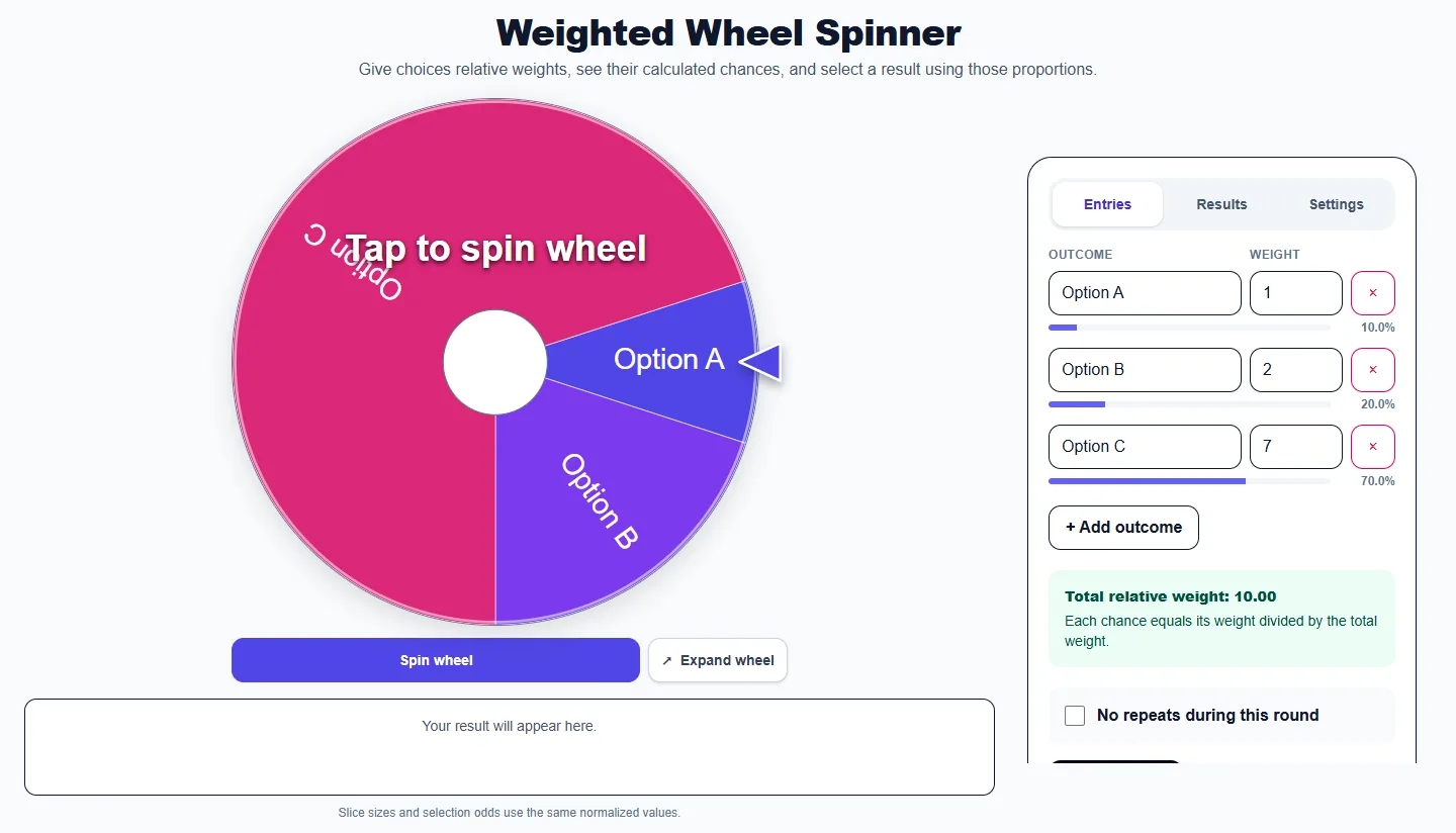 Weighted Wheel Spinner: desktop setup and controls