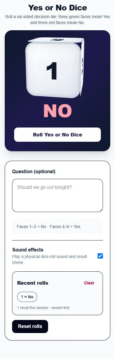 Yes or No Dice: phone layout with a completed example