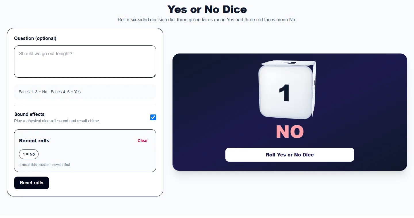 Yes or No Dice: completed example and available controls