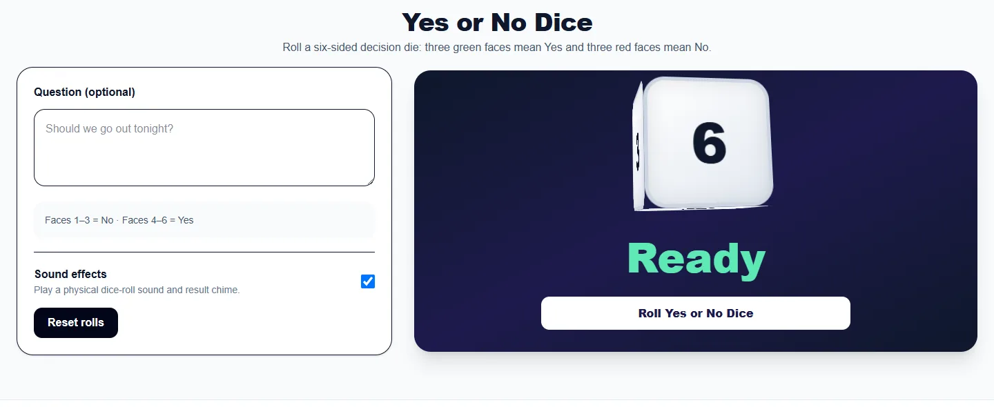 Yes or No Dice: desktop setup and controls