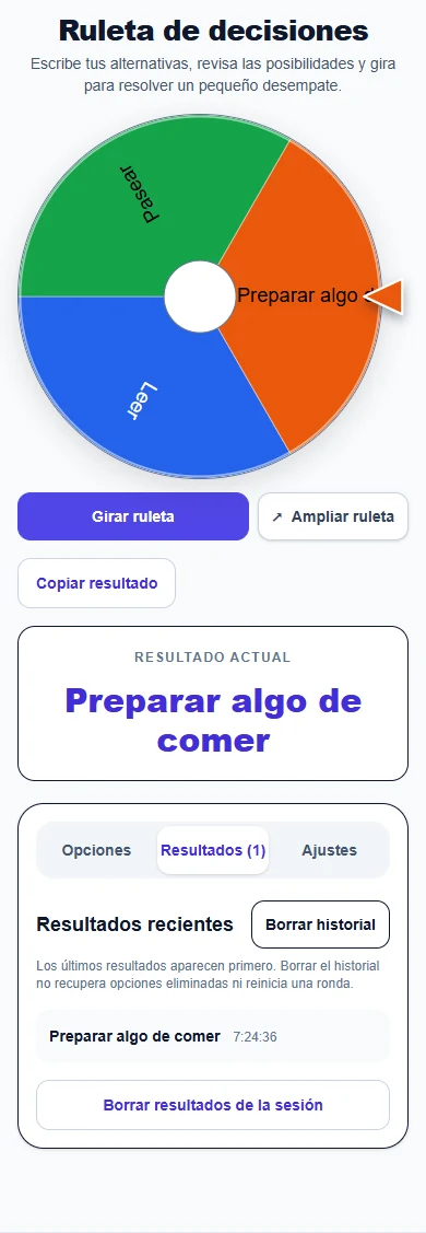 Ruleta de decisiones: ejemplo en móvil