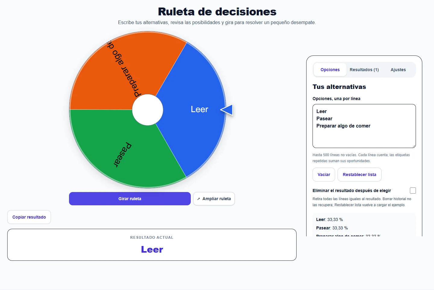 Ruleta de decisiones: ejemplo de resultado