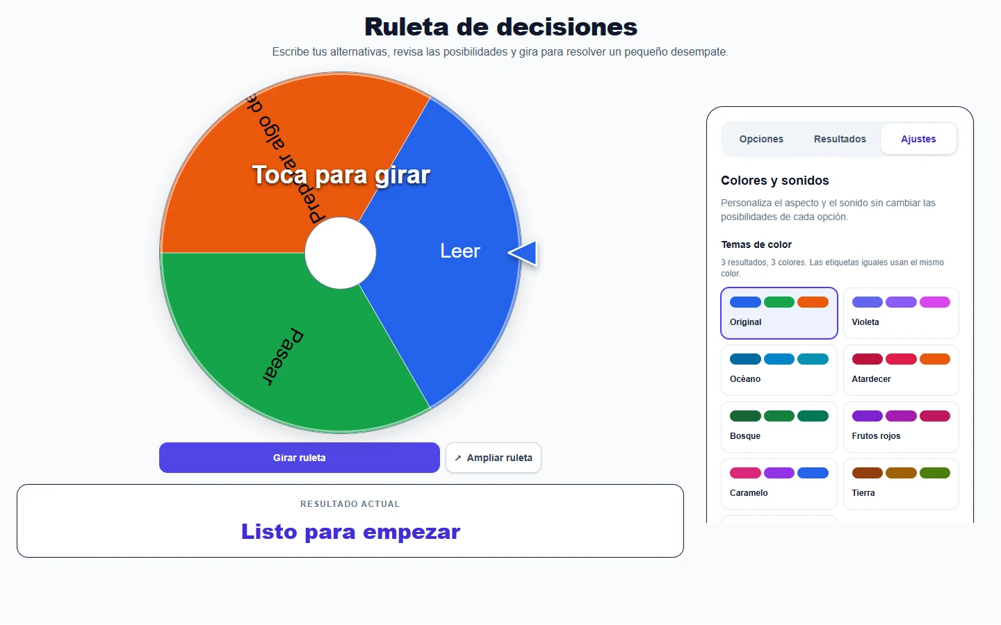 Ruleta de decisiones: colores y sonido