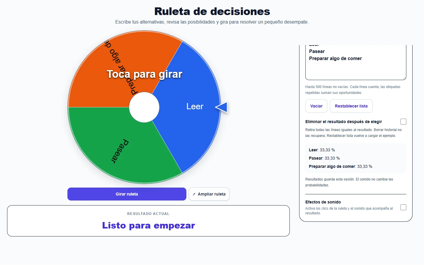 Ruleta de decisiones: configuración en ordenador