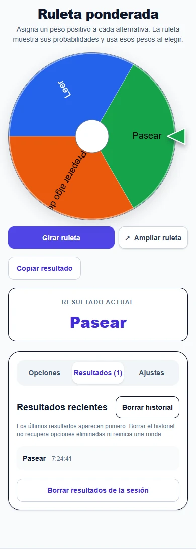 Ruleta ponderada: ejemplo en móvil
