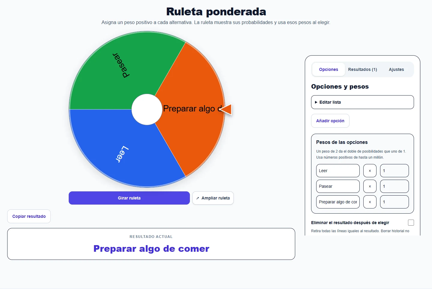 Ruleta ponderada: ejemplo de resultado