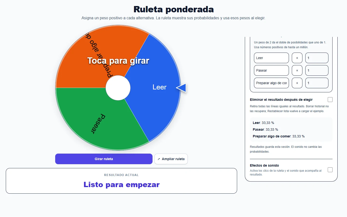 Ruleta ponderada: configuración en ordenador