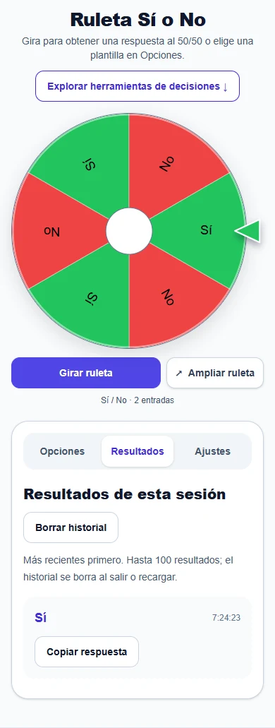 Ruleta Sí o No: ejemplo en móvil