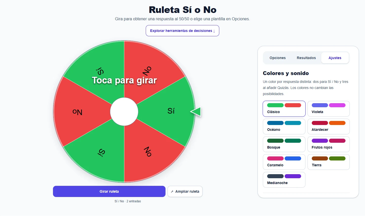 Ruleta Sí o No: colores y sonido