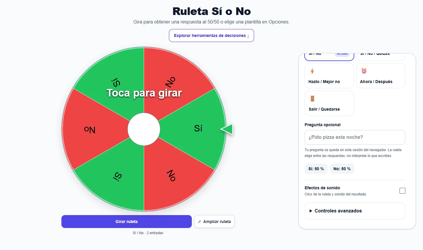 Ruleta Sí o No: configuración en ordenador